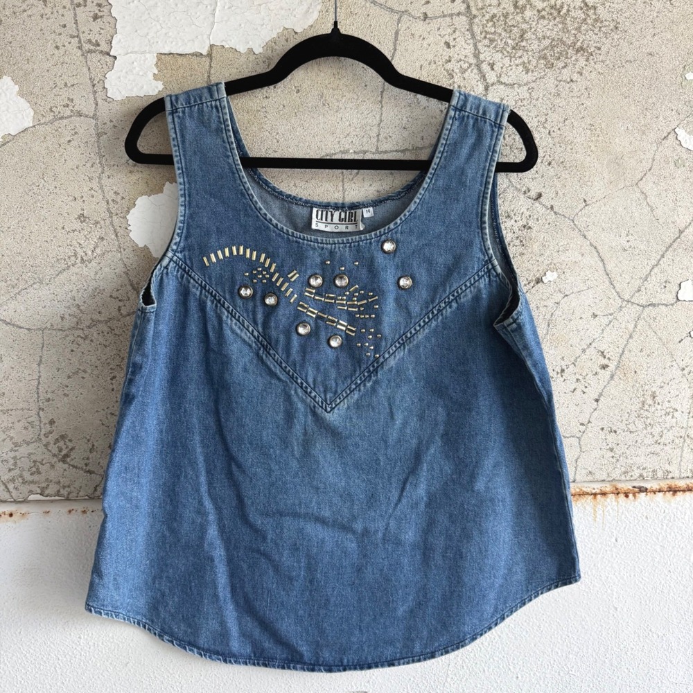 Vtg 90s Denim Tank Top Embellished Studded Rhinestone Western City Girl Sport 14